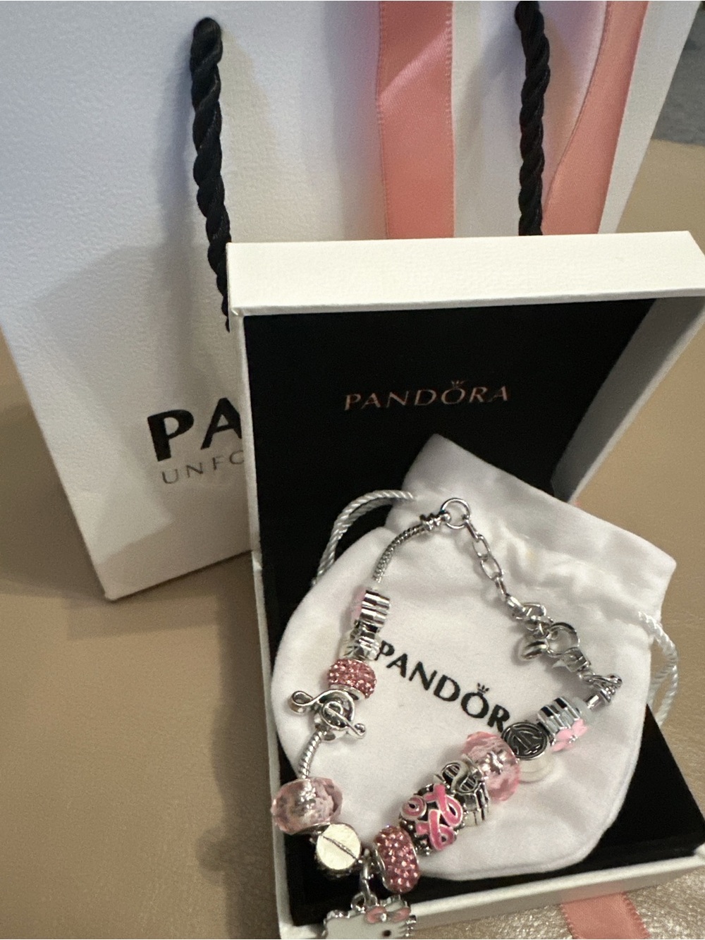 Silver Bracelet with Pink Charms